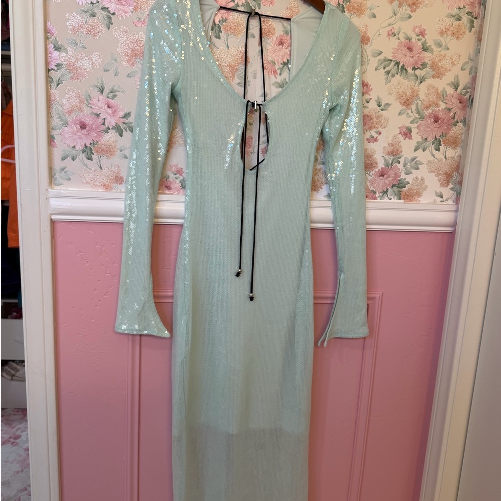 Sequin Tie-Front Long Sleeve Maxi Dress in Mint